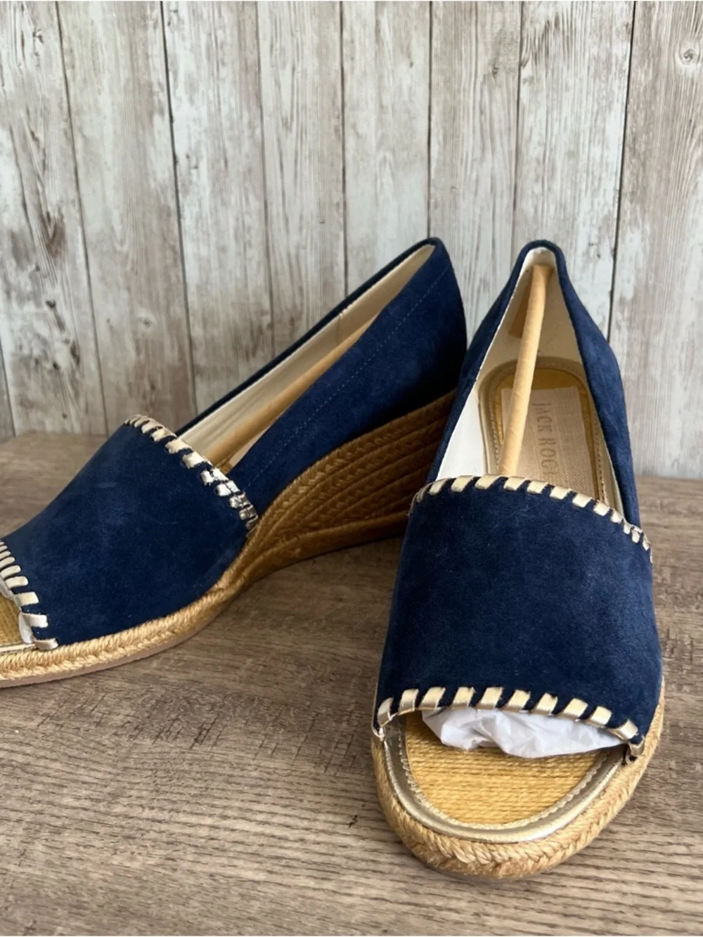 Jack Rogers Navy Gold Espadrille Wedge Peep-Toe Preppy Nautical Cape Size 9